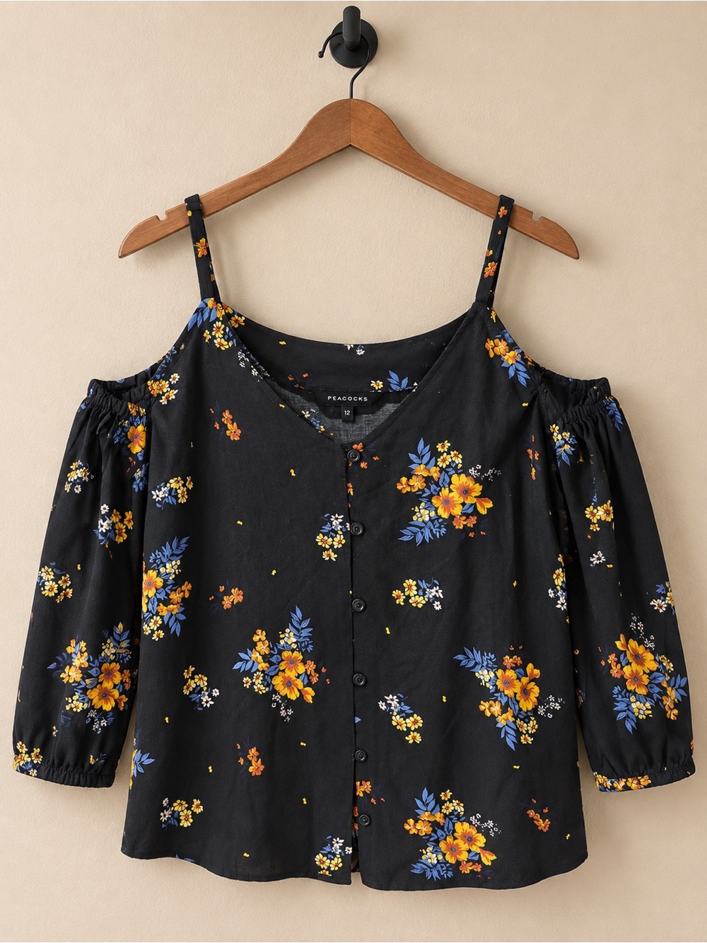 Peacocks Black Cold-Shoulder Floral Button-Front Blouse